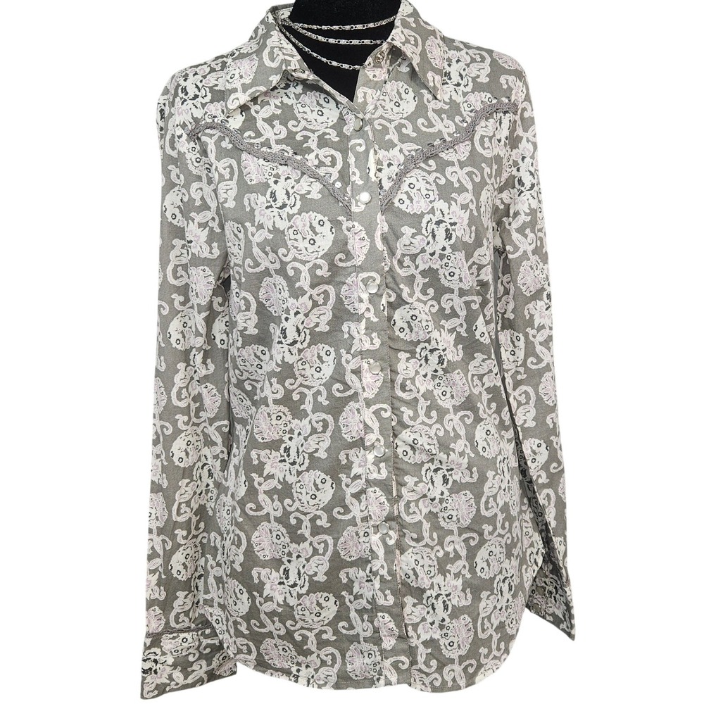 Eyeshadow Womens Western Pearl Snap Shirt Grey Paisley Floral Lace Yoke Large